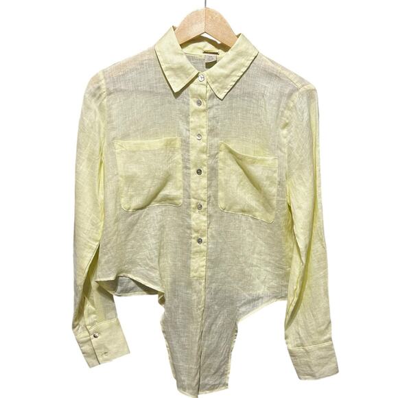 Magaschoni Women Linen Button Top Yellow S Tie Front Preppy Coastal Beach Travel - Picture 4 of 7